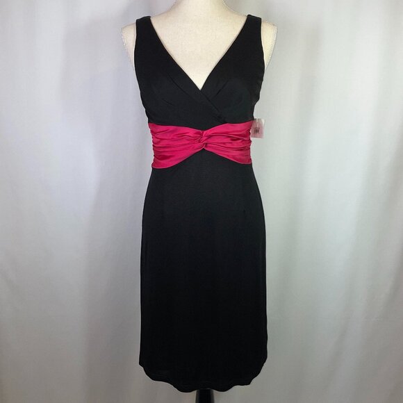 NWT Kay Unger Cocktail Dress Size 6 Black Ruched Fuchsia Waist Sleeveless - Picture 1 of 14